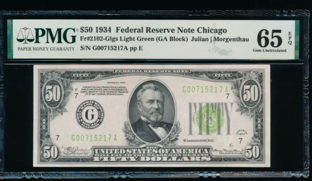AC 1934 $50 Chicago LGS light green seal FRN PMG 65 EPQ Fr 2102-G top pop 3/0