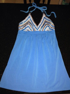 VICTORIAS SECRET~BRA TOPS~ COPPER SPARKLY SEQUIN HALTER DRESS~cover BLUE SMALL S
