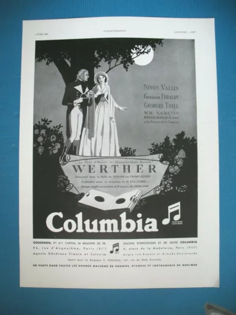 Publicite De Presse Columbia Enregistrement Musical Werther French Ad 1931