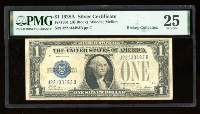 DBR 1928-A $1 Silver Funnyback Fr. 1601 JB Block PMG 25 Serial J22133493B
