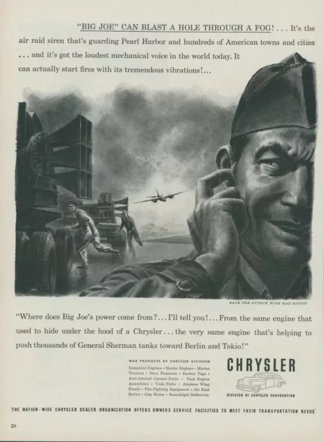 1944 Chrysler Big Joe Air Raid Siren Pearl Harbor Sherman Tanks Print Ad L6