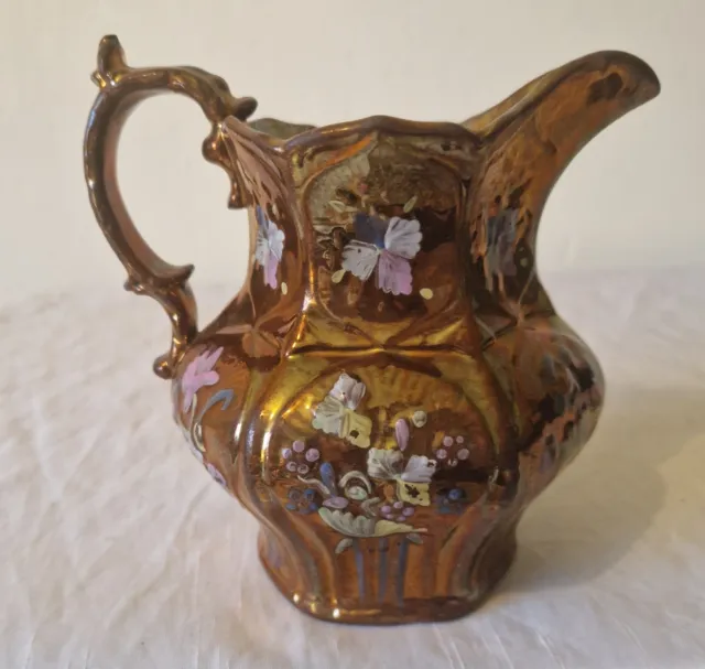 Antique Copper Lustre Jug with Floral Pattern Flowers 19th Century