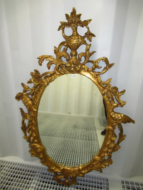 Ancien Miroir Glace En Bois Doré De Style Baroque Avec Oiseaux Sculptés-N°44