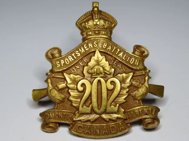 Canada CEF WW1 Cap Badge OFFICERS The 202nd Battalion,Edmonton, RARE GILT