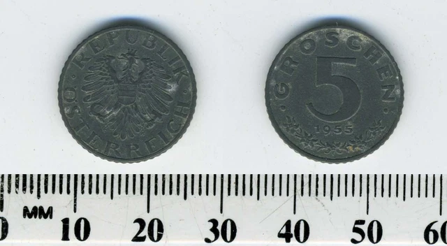 Austria 1955 - 5 Groschen Zinc Coin - Imperial Eagle with Austrian shield - #1