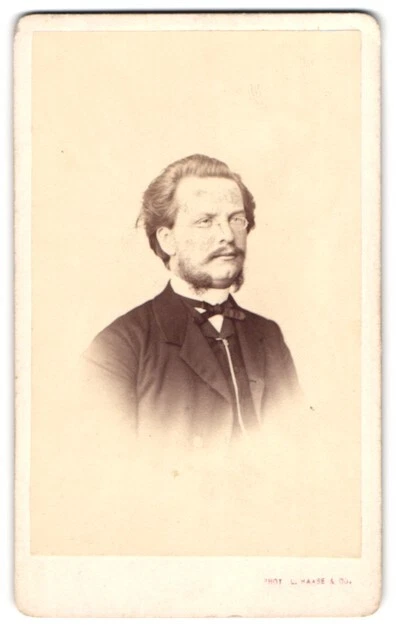 Fotografie L. Haase & Comp., Berlin, Herr im Anzug mit Fliege und fransigem Bac