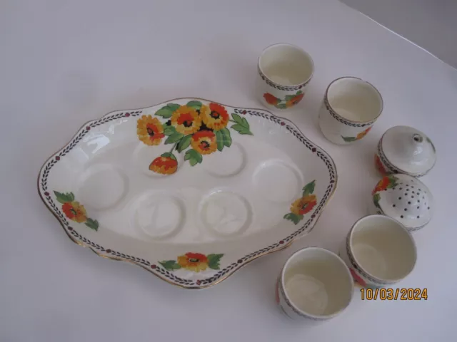 Vintage Art Deco Crown Ducal Poppy Egg Cup Set Hand Painted China 2