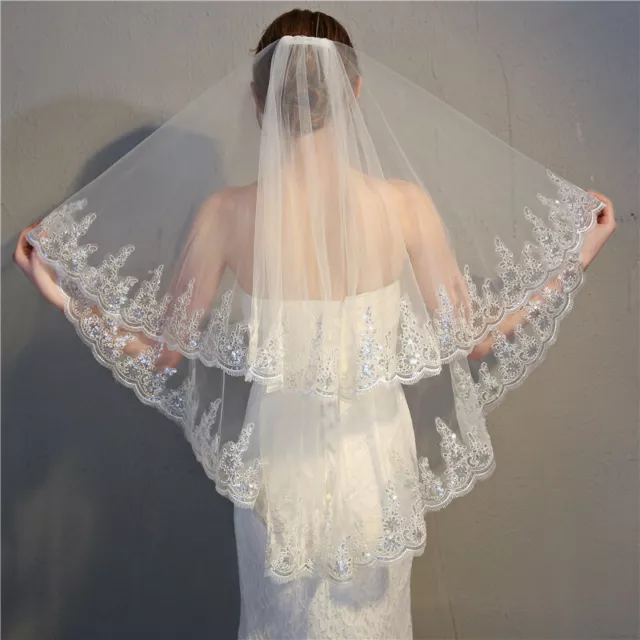 2 Tier Sequins Flower Edge 90cm length Short Bridal Wedding Veil with Comb UK