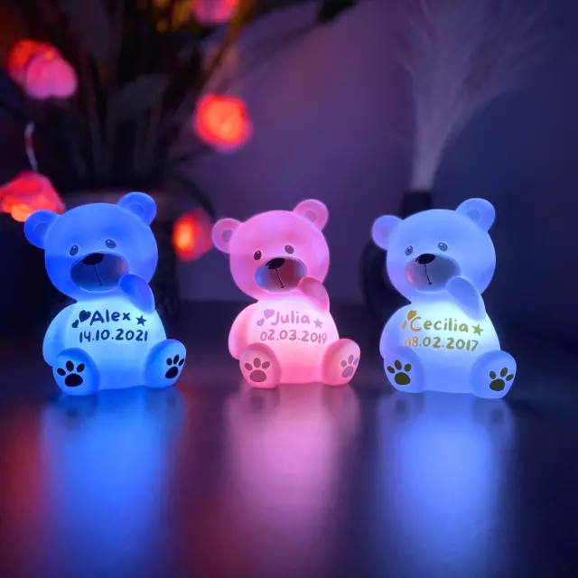 Nachtlicht Teddy Farbwechsel Personalisiert Name und Datum, Geschenk für Kinder