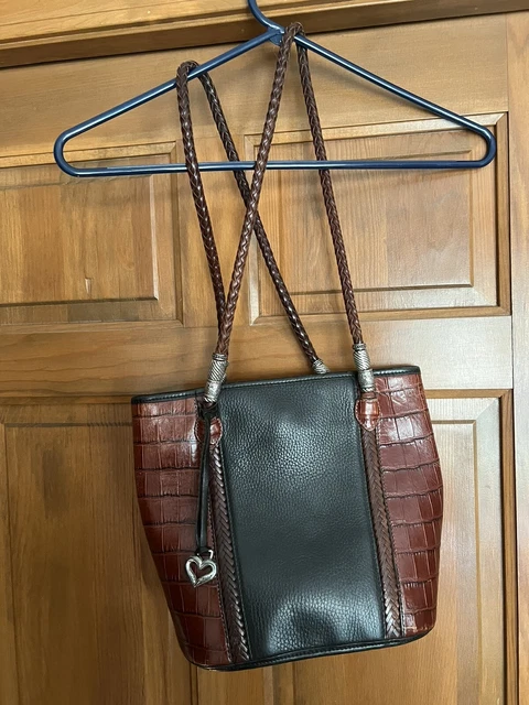 Brighton Leather Handbag Purse Tote Croc Embossed Black Brown Bucket Bag