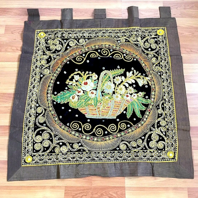 wall hanging tapestry thai burmese kalaga  flower vintage embroidered sequins