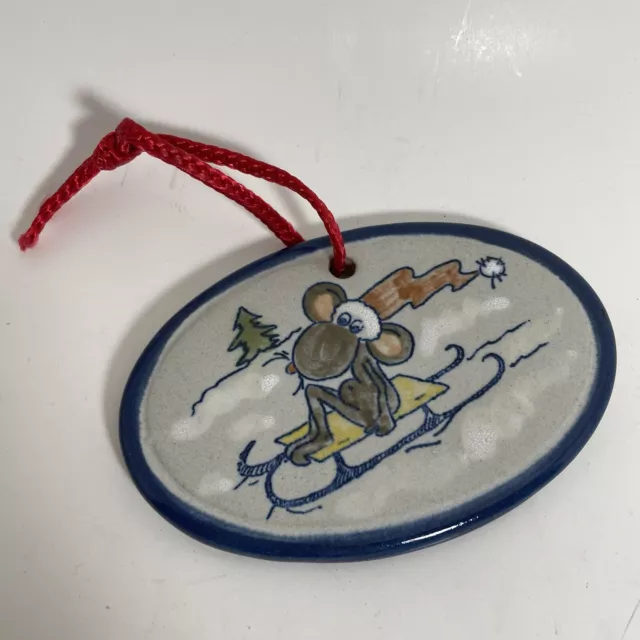 Vintage Blue Louisville Stoneware Pottery Christmas Mouse Sledding Oval Ornament