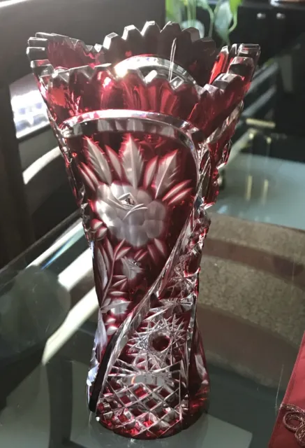 Ruby Red Cut To Clear Overlay Cased Crystal Vase 2