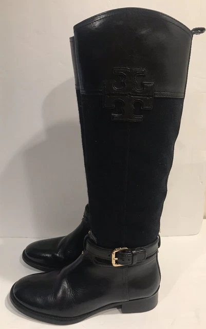 Tory burch Blaire Classique Bottes Équitation Flanelle & Cuir Noir Logo Taille
