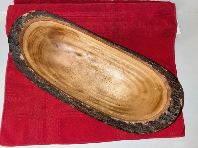 Vintage Large Oval Wooden Bowl W’ Bark Adirondack Rustic Log Cabin Style