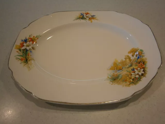 Vintage John Maddock & Sons Ivory Ware Sandwich Plate With Castle And Flowers