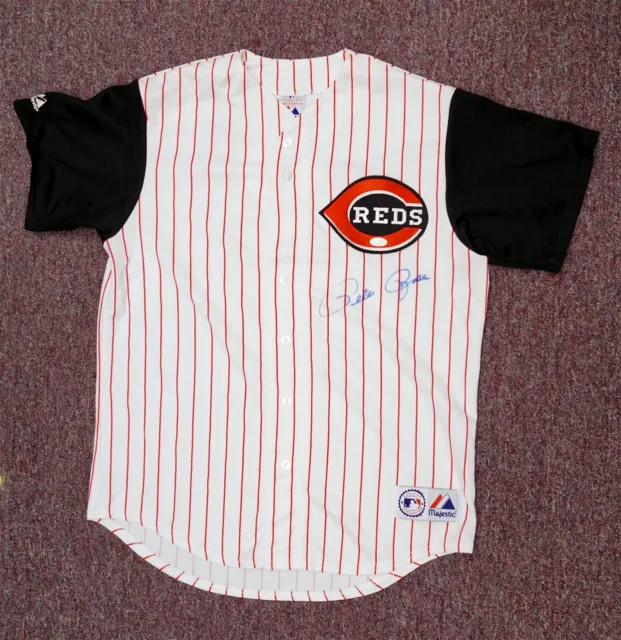 PETE ROSE Signed Majestic Cincinnati Reds Pinstripe Jersey JSA COA Size L