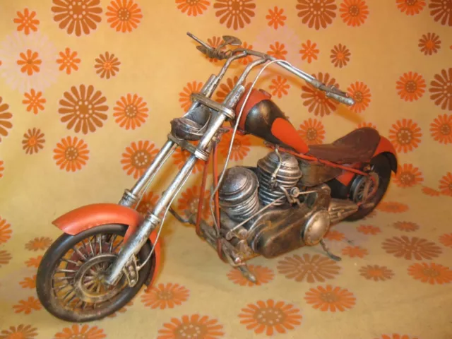 🏍 Ancienne GRANDE MOTO style HARLEY DAVIDSON 41cm en MÉTAL FER BLANC Tôle Acier