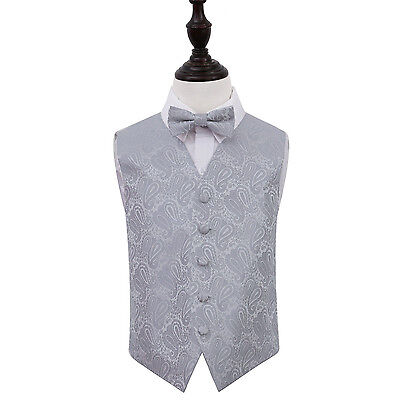 DQT Woven Floral Paisley Silver Boys Wedding Waistcoat & Bow Tie Set