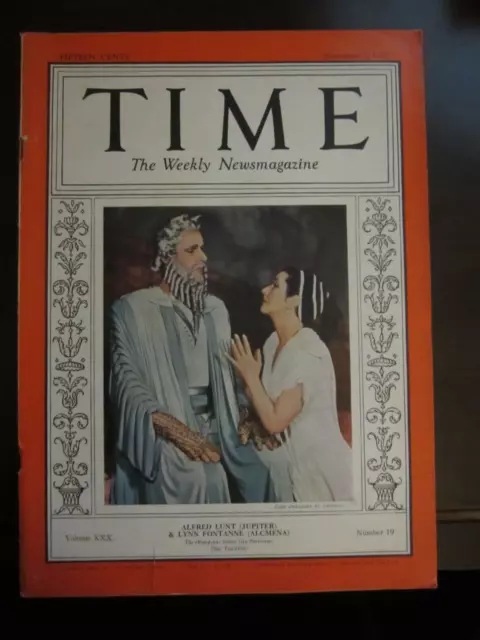 Time Magazine November 1937 Alfred Lunt Jupiter Lynn Fontanne Alcmena