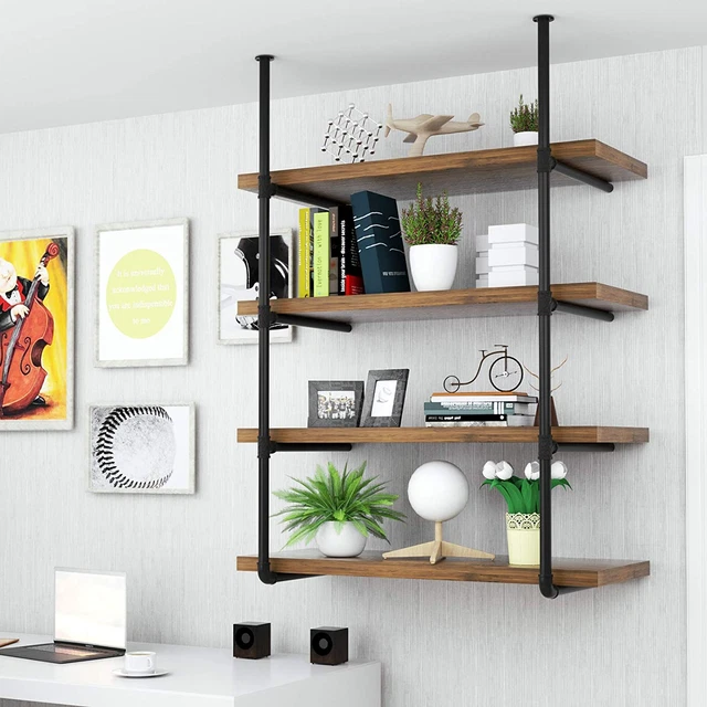 Industrial Wall Shelf 4-Tier with Planks, Wall Mount Iron Pipe Shelves, Wood and