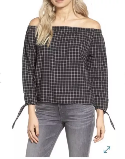 NWT Madewell Women’s Medium Black White Plaid Off The Shoulder Top Blouse