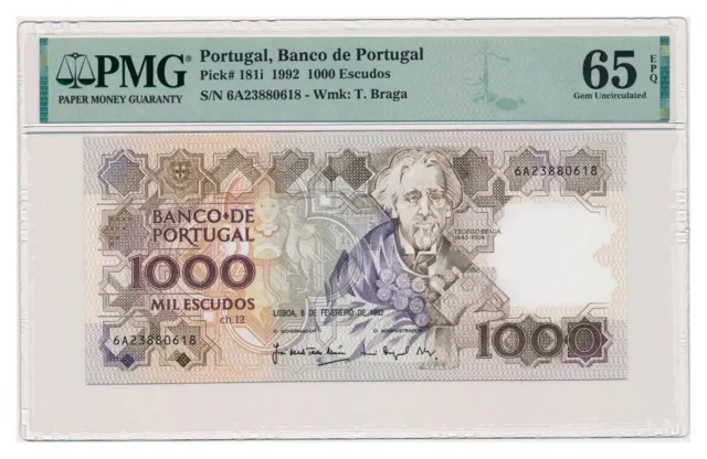 PORTUGAL banknote 1000 Escudos 1992 PMG MS 65 EPQ Gem Uncirculated