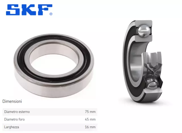 Cuscinetto a Sfera Scanalato Radiali a Corona Singola 6009-2RS1 mm 45 75 16 SKF