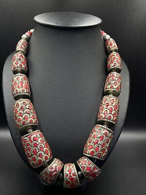 22 Inches Amazing Handmade Tibetan Old Necklace With Natural Coral Stone