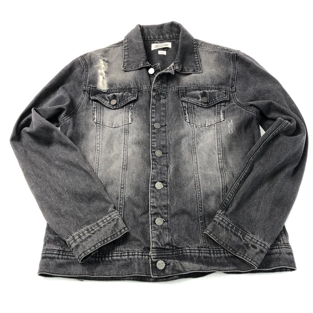 Hoxton Denim Men’s Grey Stone Wash Faded Distressed Retro Denim Jacket Medium