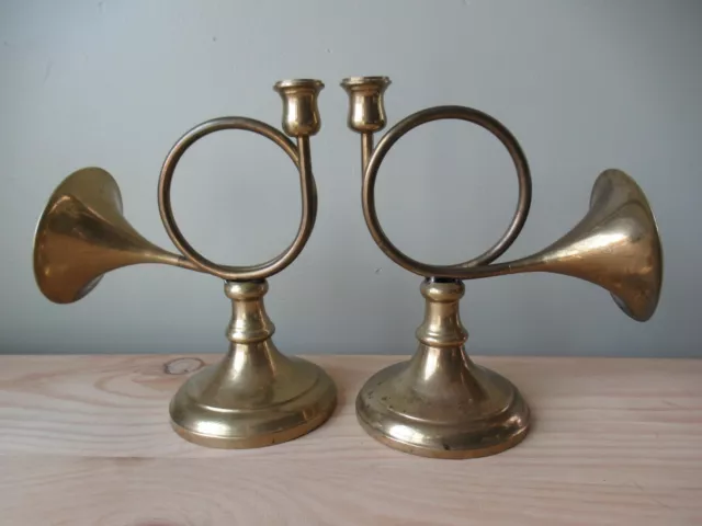 Pair Solid Brass French Horn Candle Stick Holder - 9" Tall