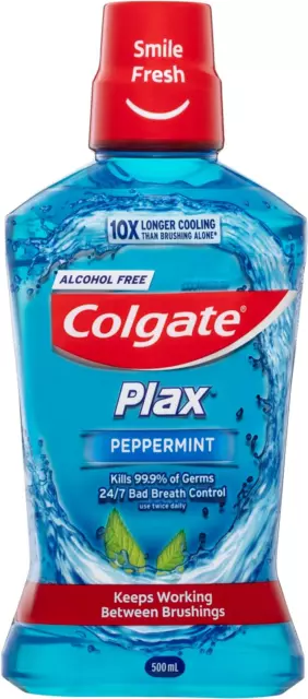 Plax Antibacterial Mouthwash 500Ml, Peppermint, Alcohol Free, Bad Breath Control