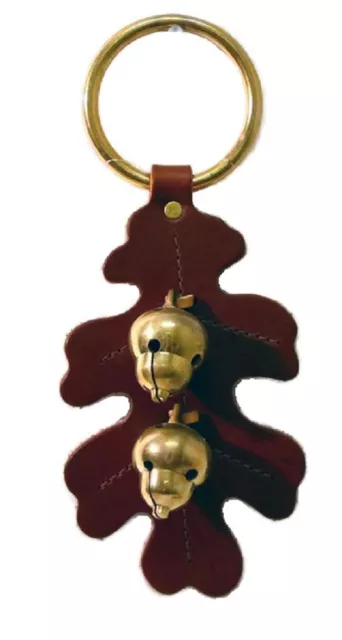 BROWN OAK LEAF DOOR CHIME - Handmade Stitched Leather & Solid Brass Acorn Bells