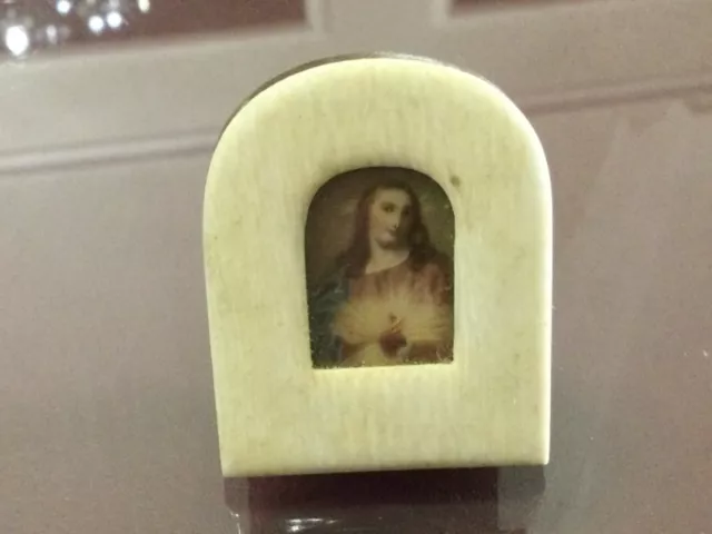 Icona Con Dipinto A Mano Xix Secolo.sacro Cuore Di Gesu'.cornice Avorio.luxury