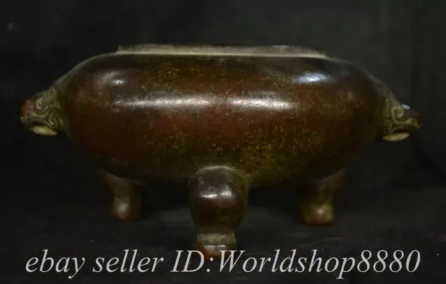 8" Xuande Marked Old Chinese Purple Bronze Dynasty Beast incense burner Censer