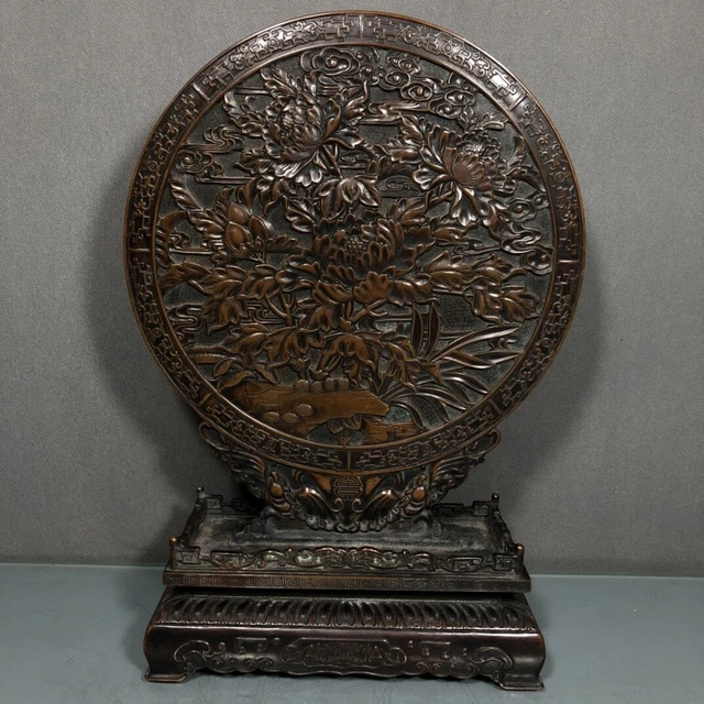 Chinese Exquisite Handmade Flowers Bronze Statue Screen