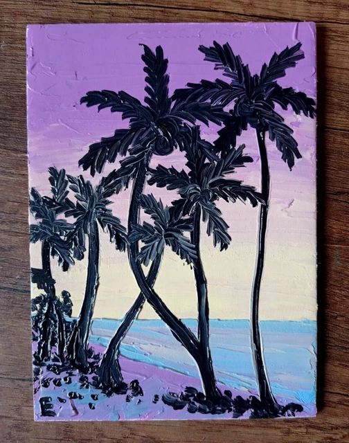 Obra de arte original Puesta de sol púrpura Palmeras Árboles Mar Paisaje...