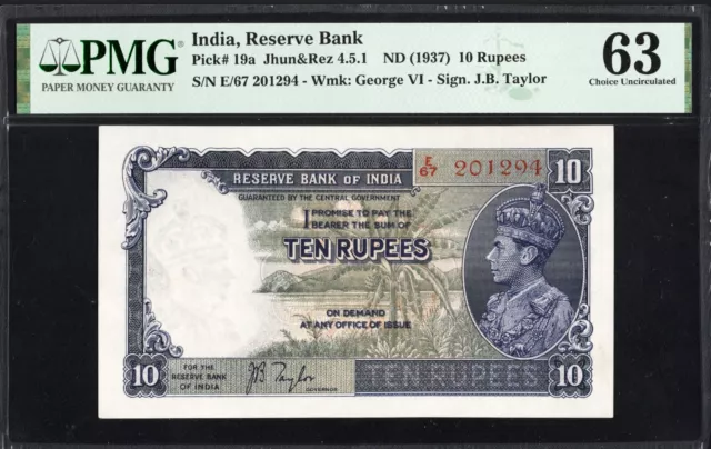 India British 10 TEN Rupees P19a 1937 PMG63 Choice UNC EPQ Banknote KING GEORGE