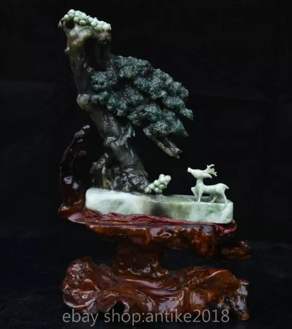 10.4 " China Natural Green Dushan Jade Carved Tree Sika deer scenery Statue