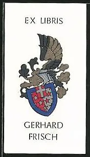 Exlibris Gerhard Frisch, Wappen mit geflügeltem Ritterhelm