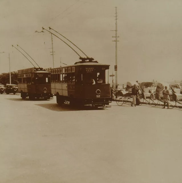 Square Top Keystone Stereoview of Trolley Cars, Singapore, China K600 #904 Mint