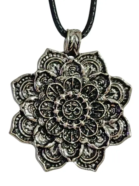 Lotus Flower Mandala Necklace Pendant Om Mantra Silver Plated Buddhist 22" Cord