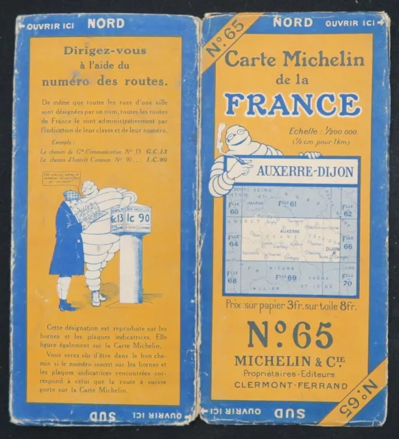 Carte MICHELIN 65 AUXERRE DIJON 1925 Guide Bibendum pneu tyre map