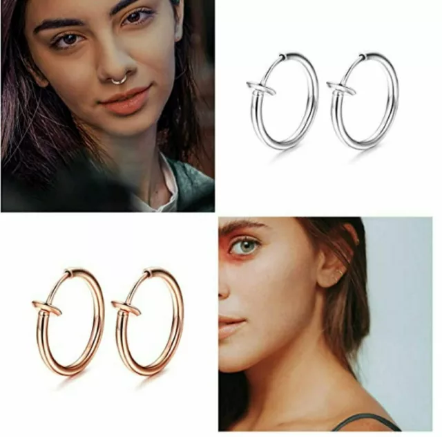 1-Pair Men Women Stainless Steel Clip On Non-Piercing Fake Spring Hoop Earrings