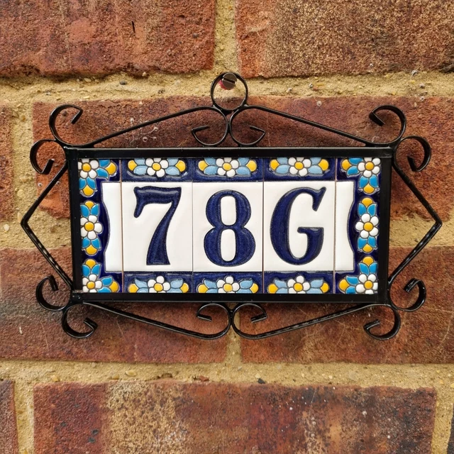 7.5 x 3.5cm Spanish Ceramic Blue Floral Number & Letter Tiles & Metal Frames 2