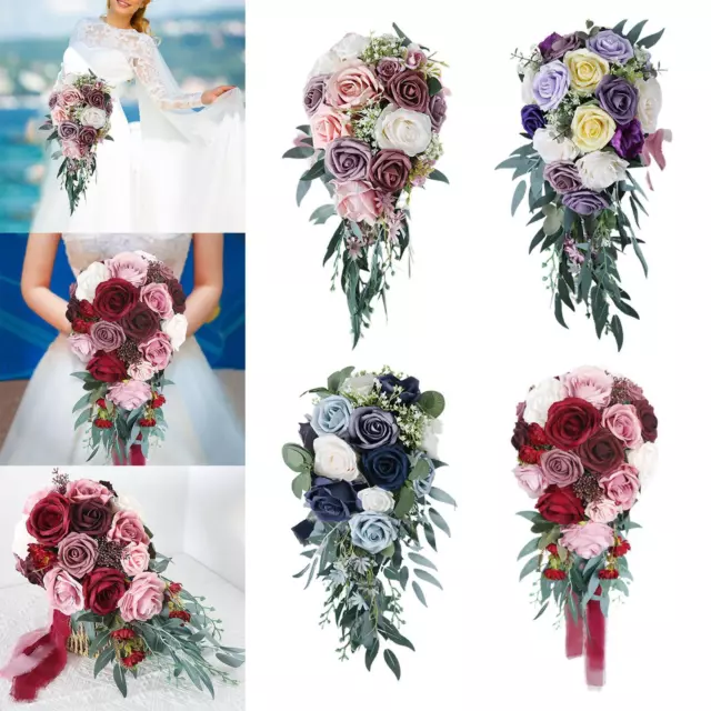 Artificial Wedding Bouquets for Bride Waterfall Decor Rose Flowers Bunch