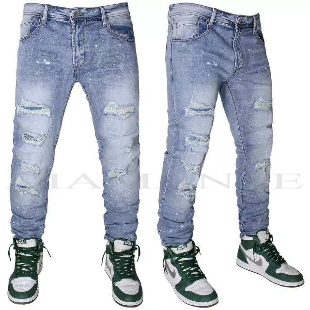 Jeans uomo Denim pantaloni Strappati Blu 5 tasche slim fit elasticizzati 238