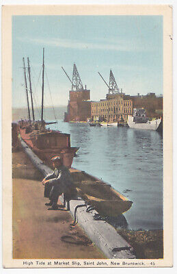 Old 1944 Postcard Of Man On Wharf Market Slip Saint John New Brunswick Canada