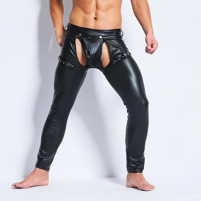 leggings hommes en cuir PU noir brillant aspect humide pantalon poche longue pan