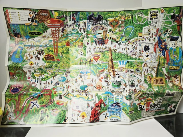 VINTAGE SIX FLAGS theme park map Looney Tunes roller coaster Magic ...